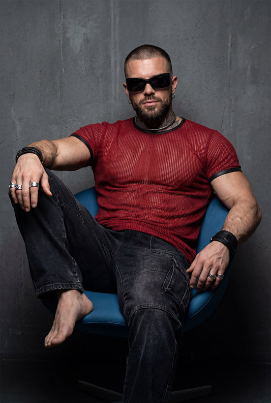 Red Mesh T-Shirt – Faux Leather Trim