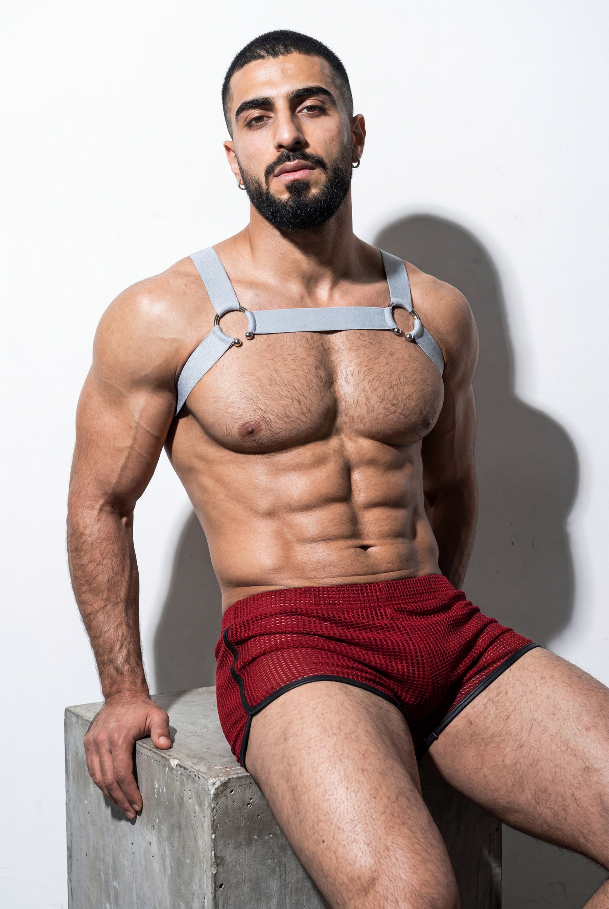 Men's Body Harness & Mesh Shorts Set – Gay Pride Festival Clubwear | Olive, Black & Red | M–XL