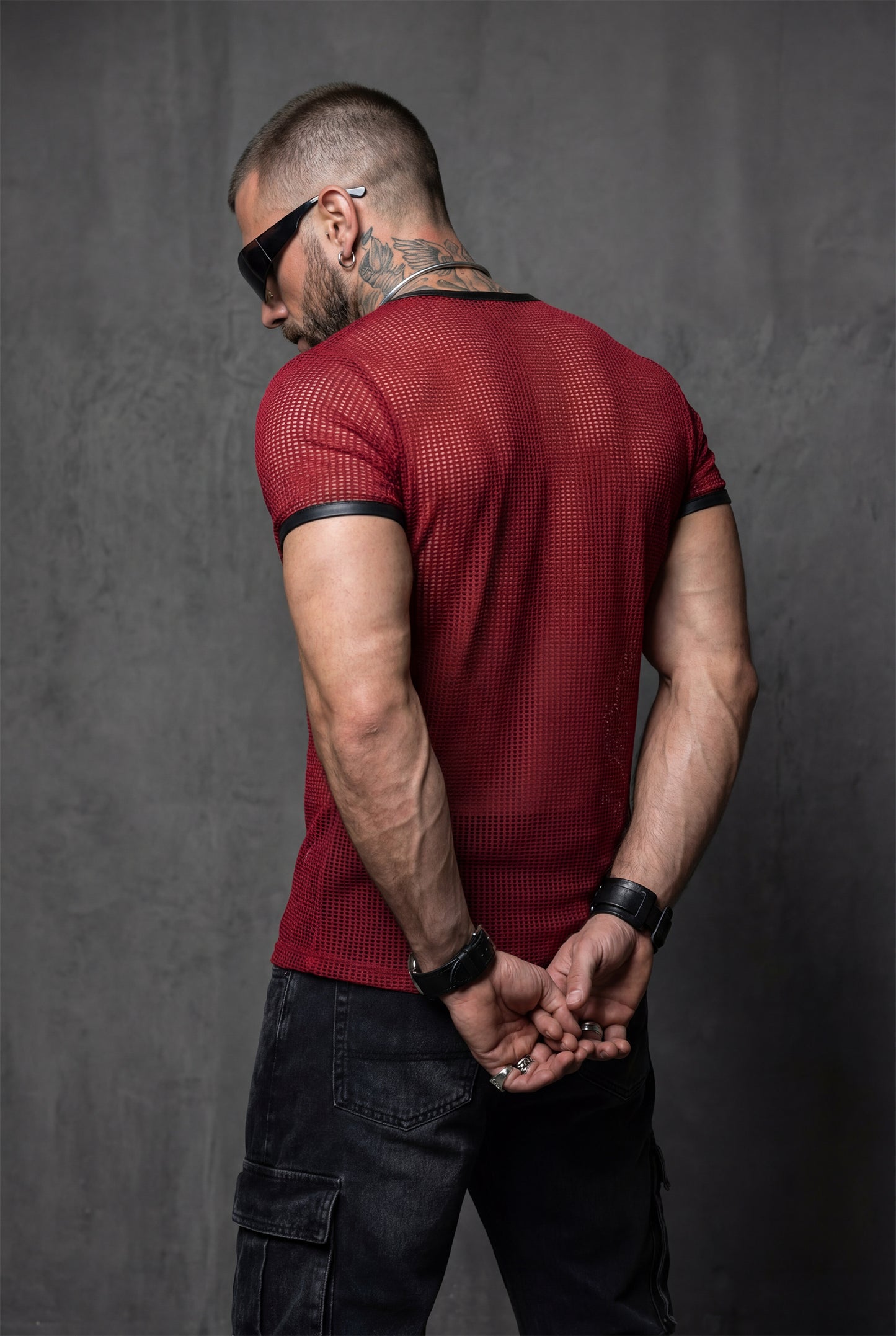 Red Mesh T-Shirt – Faux Leather Trim