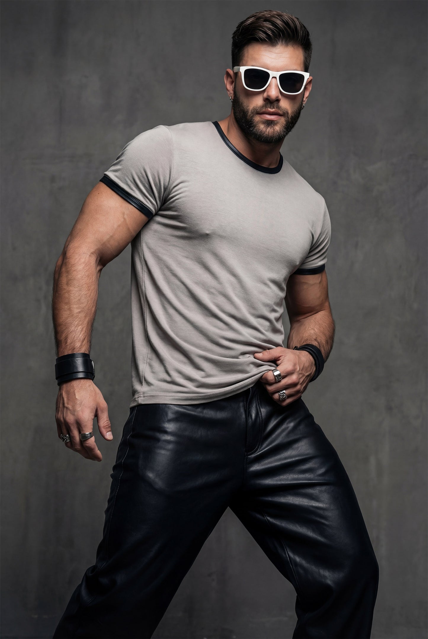 Beige Modal T-Shirt – Faux Leather Trim