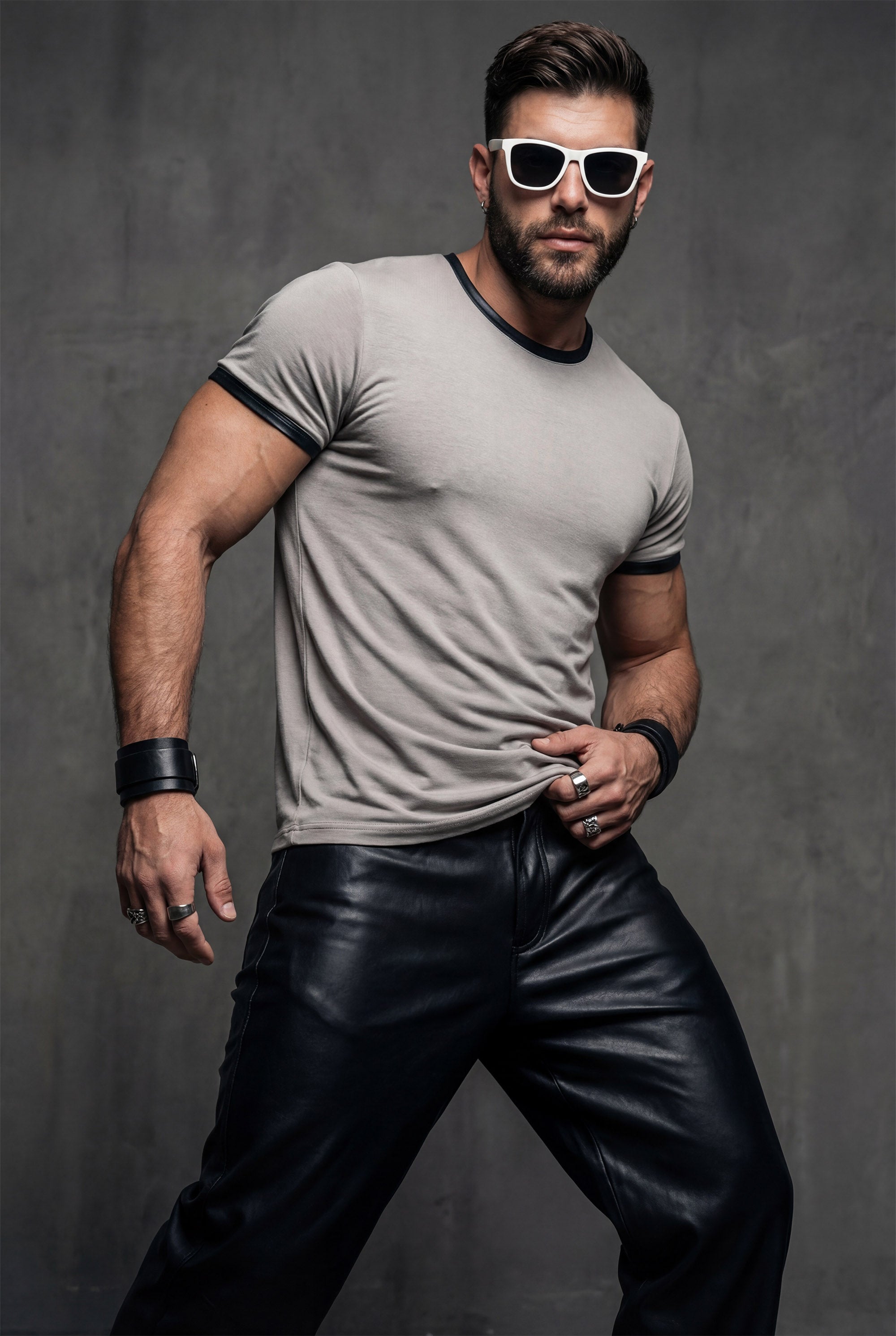 Modal T-Shirt Faux Leather Trim | Designer Casual Tee for Men | Beige