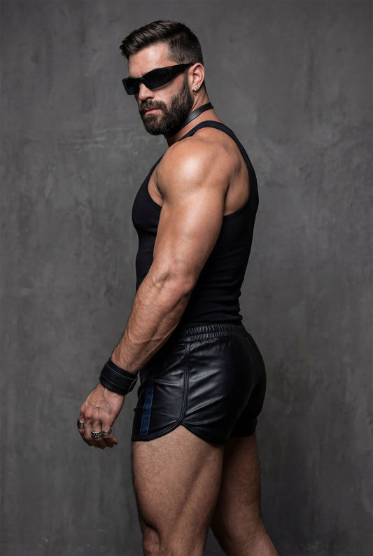 Man wearing black vegan leather shorts with matte finish and body-sculpting fit, men's festival and clubwear by PielMe
