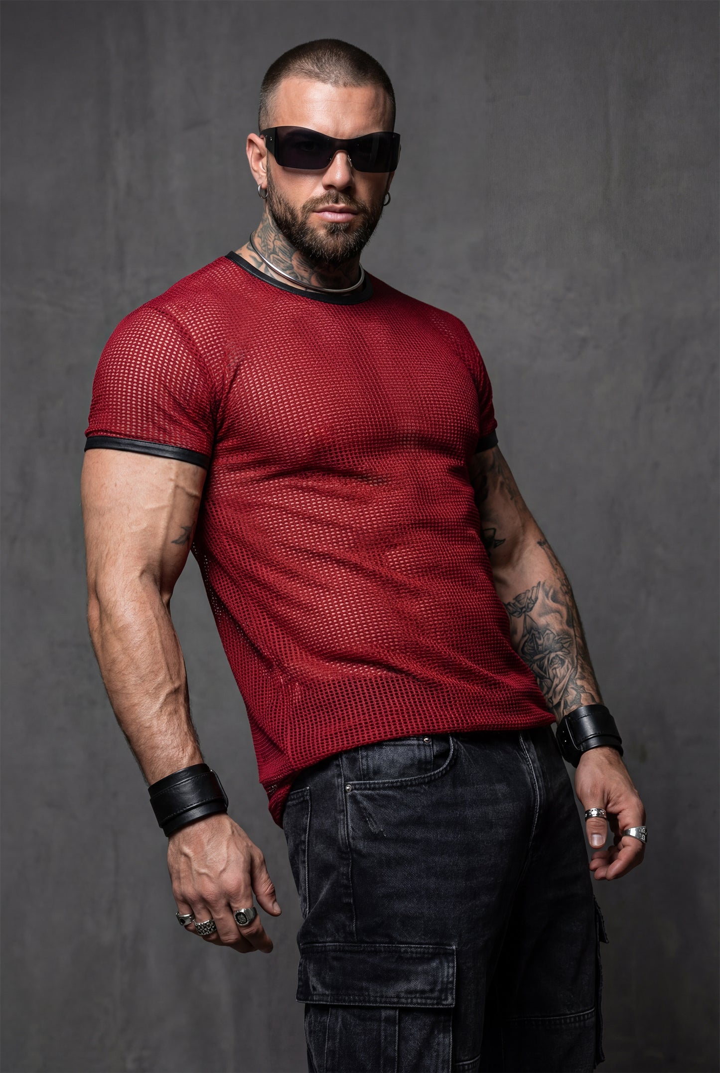 Red Mesh T-Shirt – Faux Leather Trim
