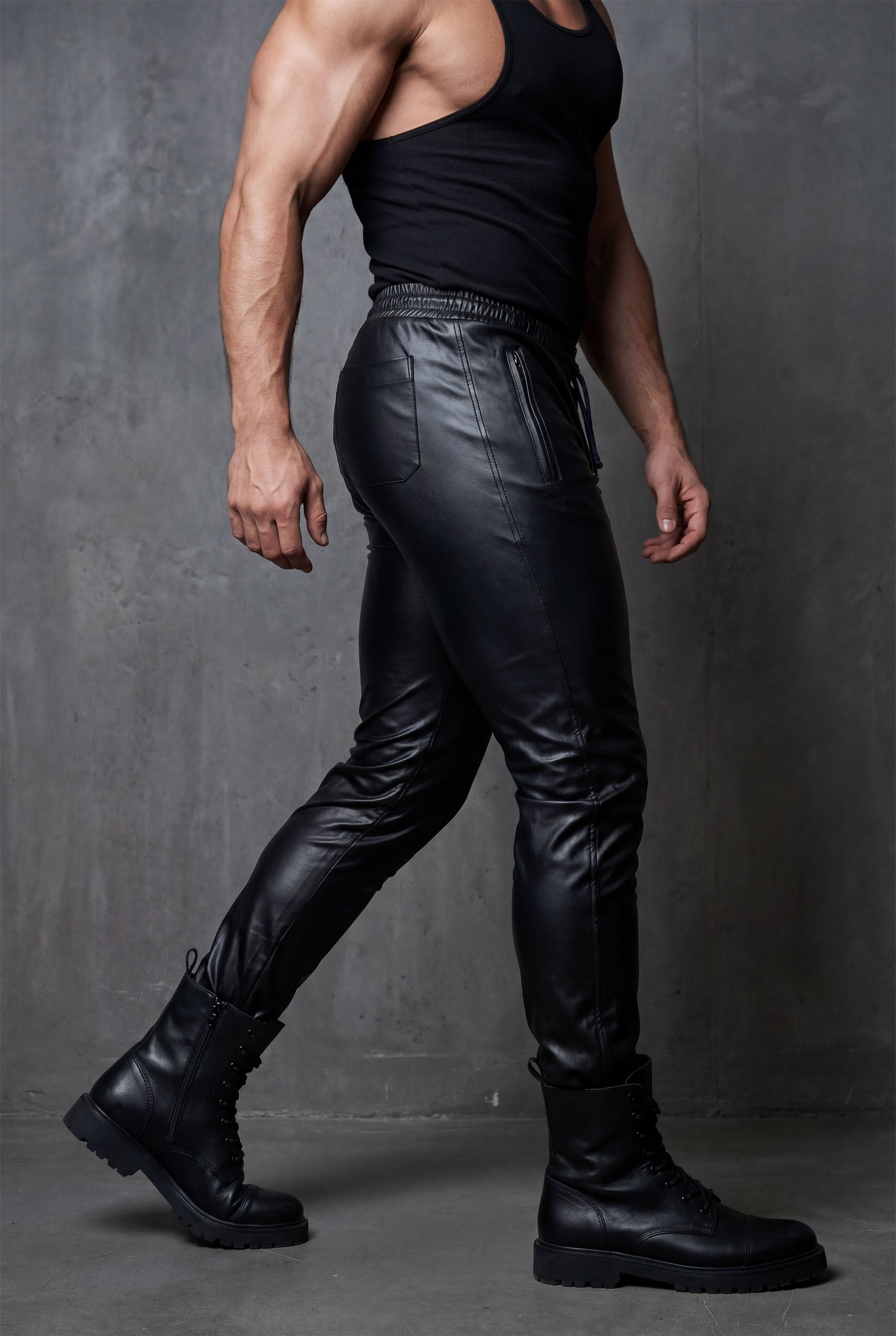 Men's Black Vegan Leather Joggers | Slim Fit Club Pants