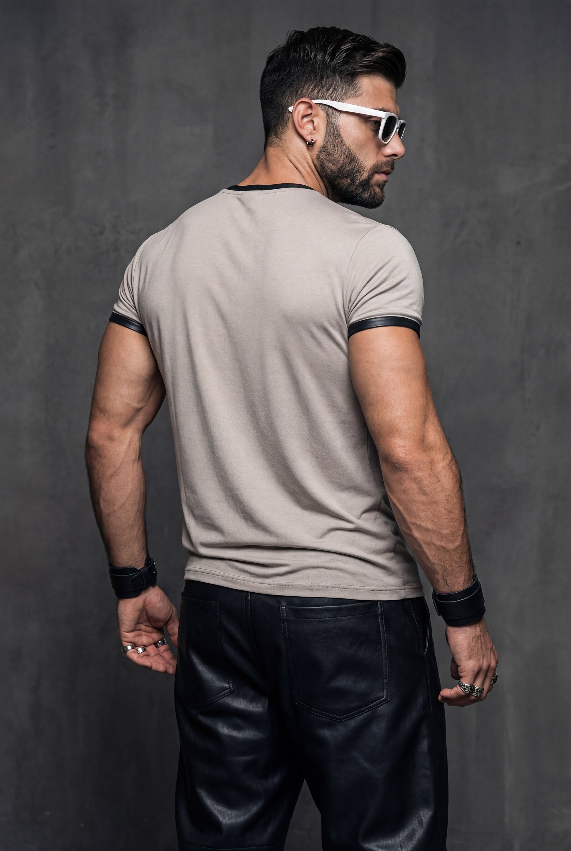 Modal T-Shirt Faux Leather Trim | Designer Casual Tee for Men | Beige