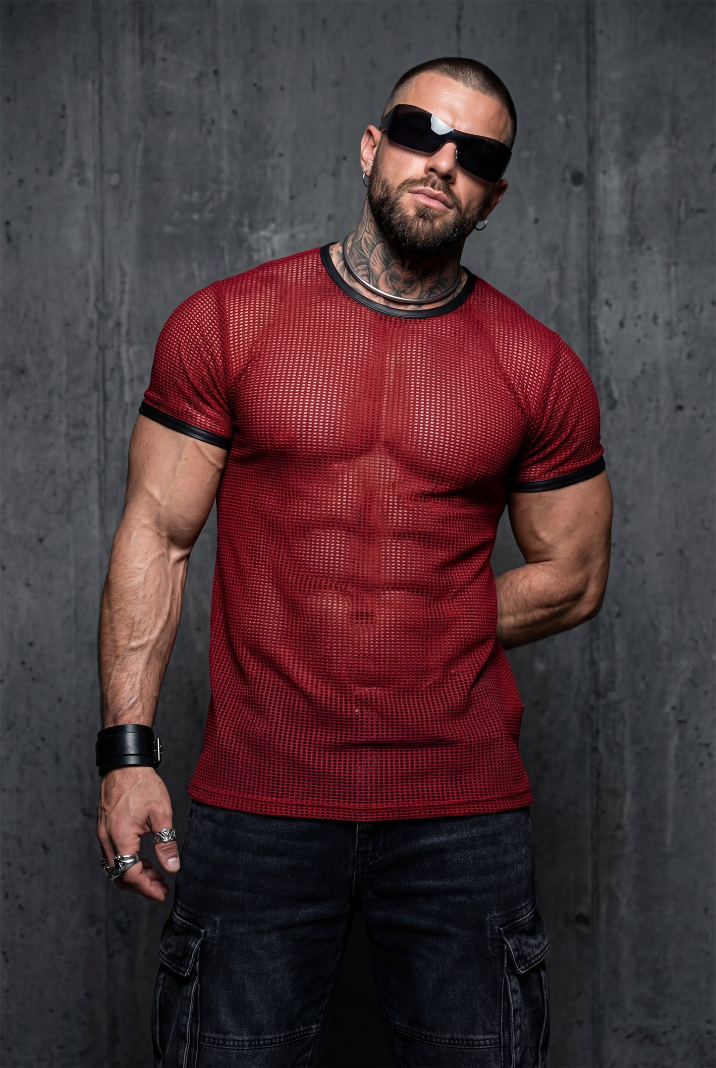 Red Mesh T-Shirt – Faux Leather Trim