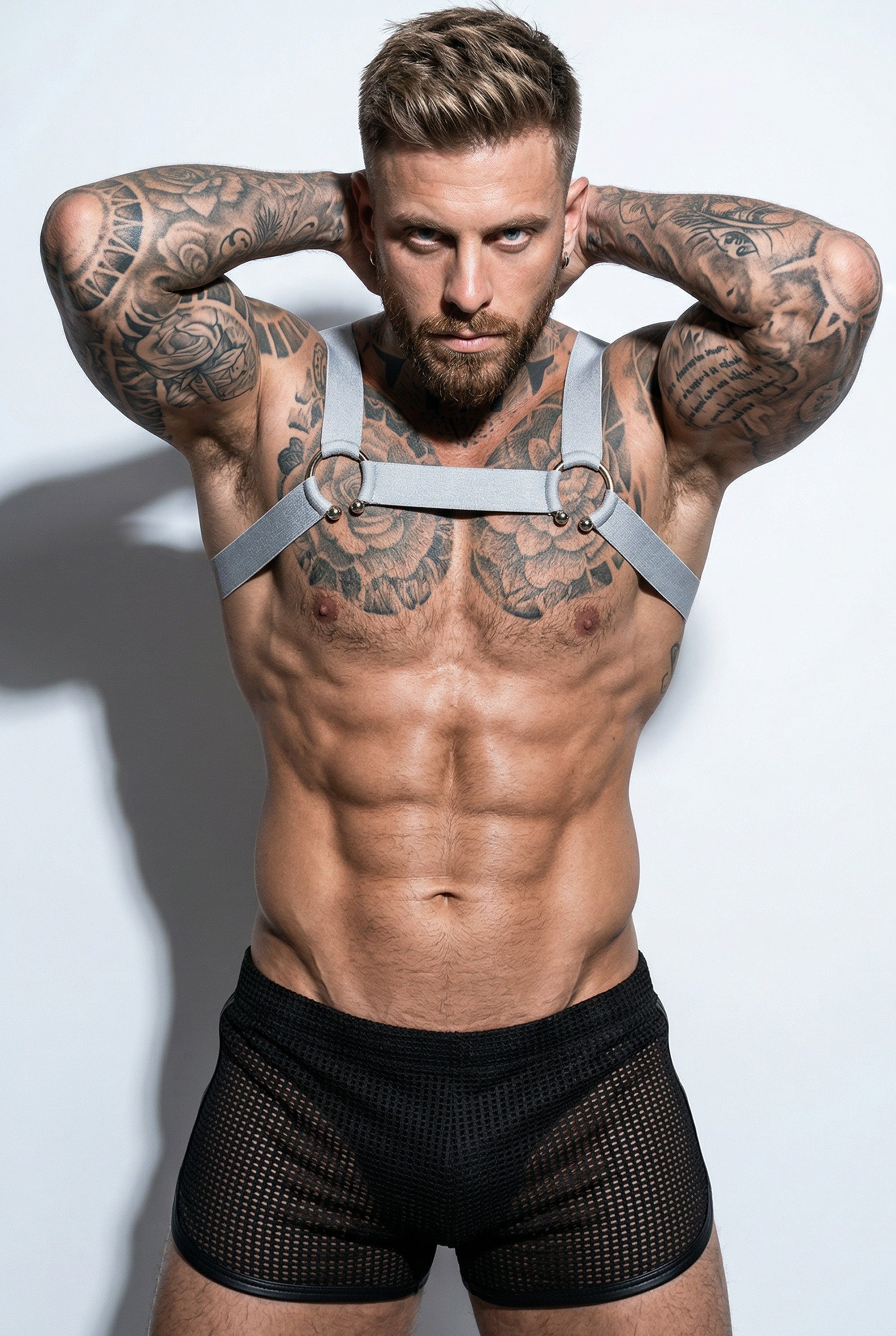 Men's Body Harness & Mesh Shorts Set – Gay Pride Festival Clubwear | Olive, Black & Red | M–XL