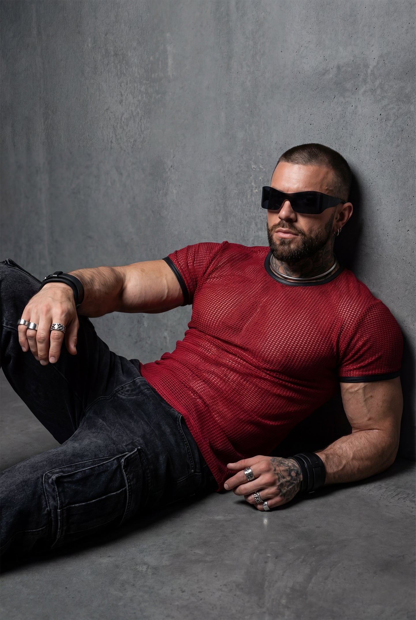 Red Mesh T-Shirt – Faux Leather Trim