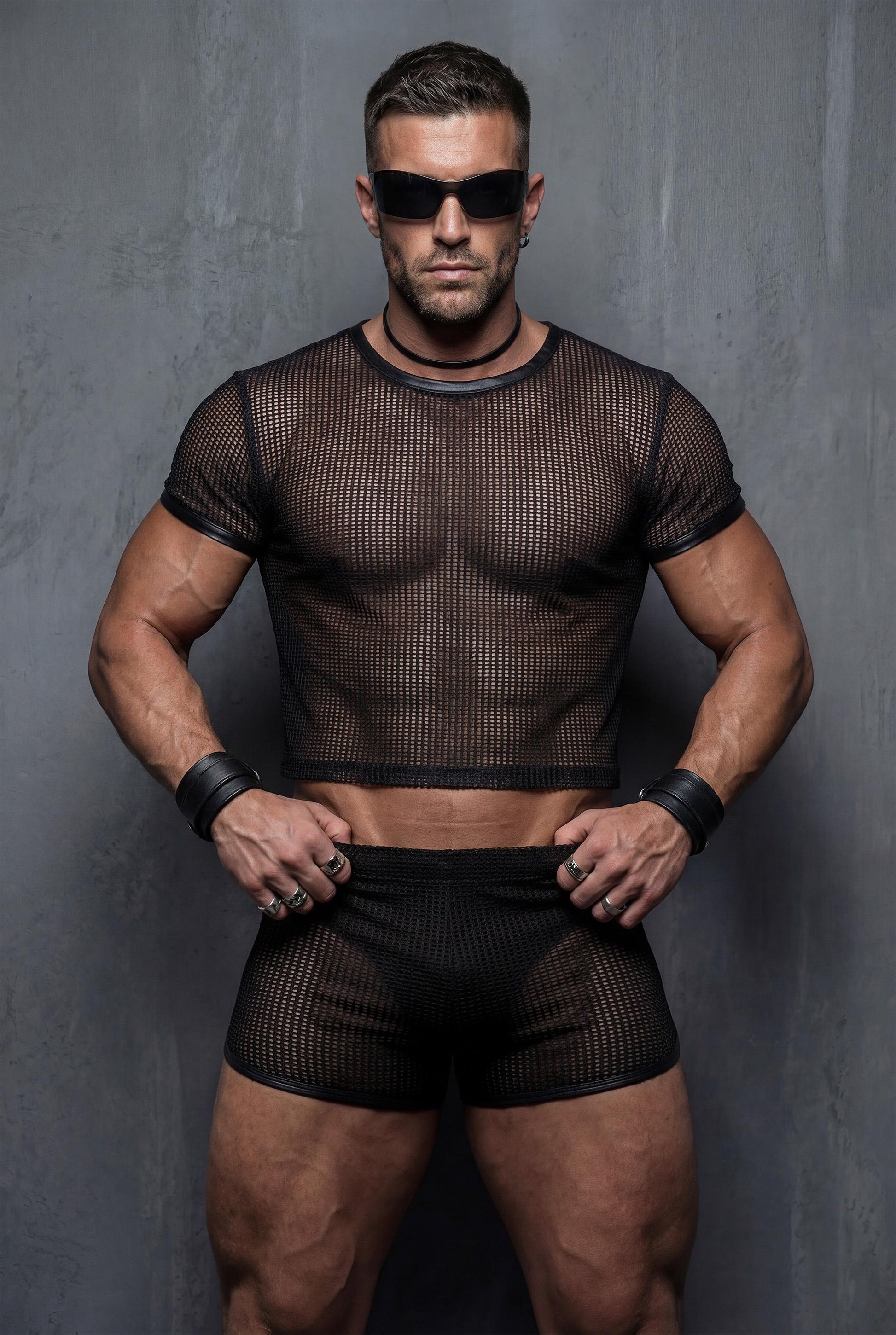 Front view black sheer mesh crop top and transparent shorts two-piece outfit on muscular gay male model against concrete background - PIEL bold queer menswear complete look for circuit parties underground clubs techno raves - see-through athletic fit breathable polyester fabric reveals body with confidence - gay clubwear bundle perfect for pride events fetish parties festival season