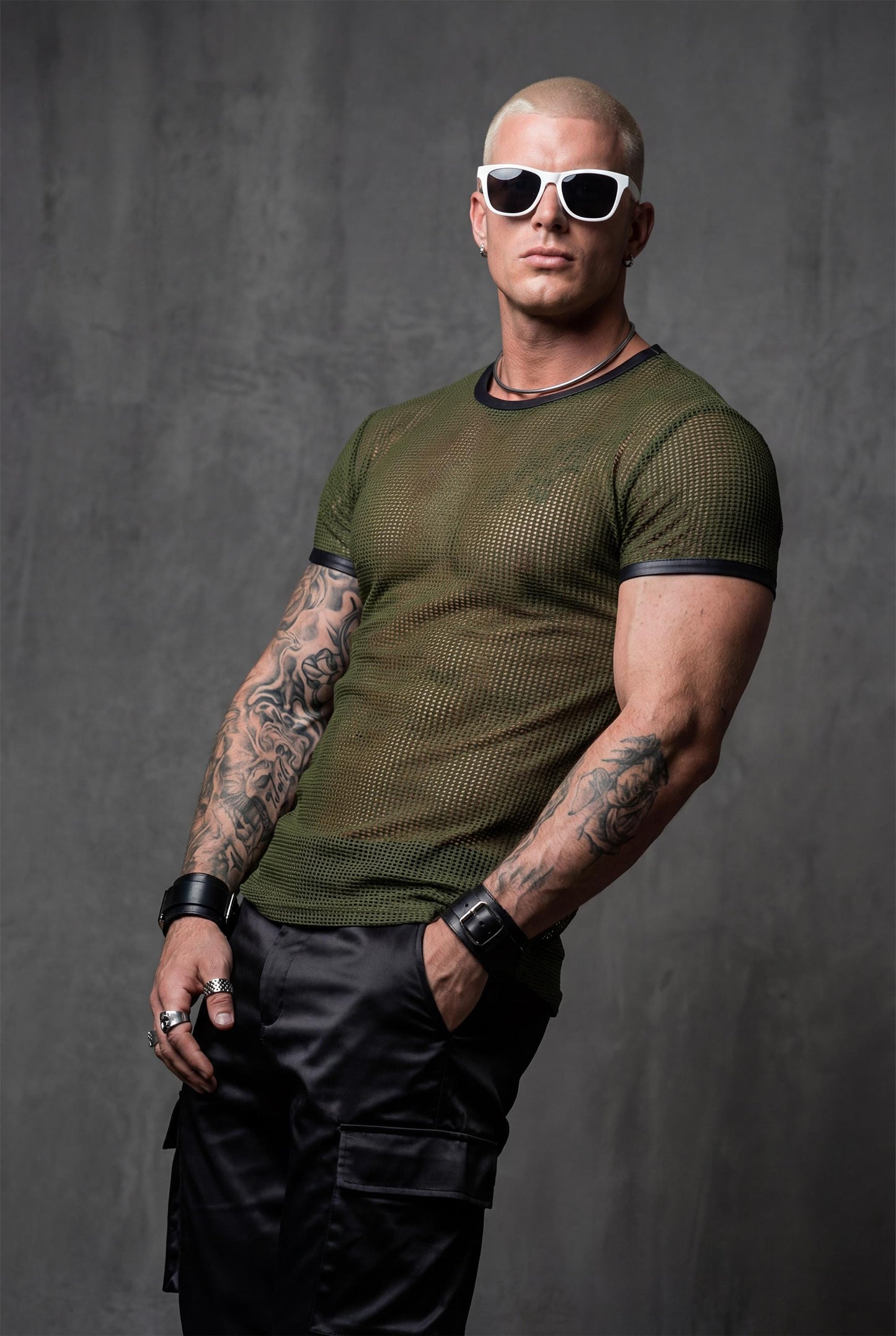 Men’s Green See-Through Mesh T-Shirt – Sheer Club & Festival Top – Athletic Fit