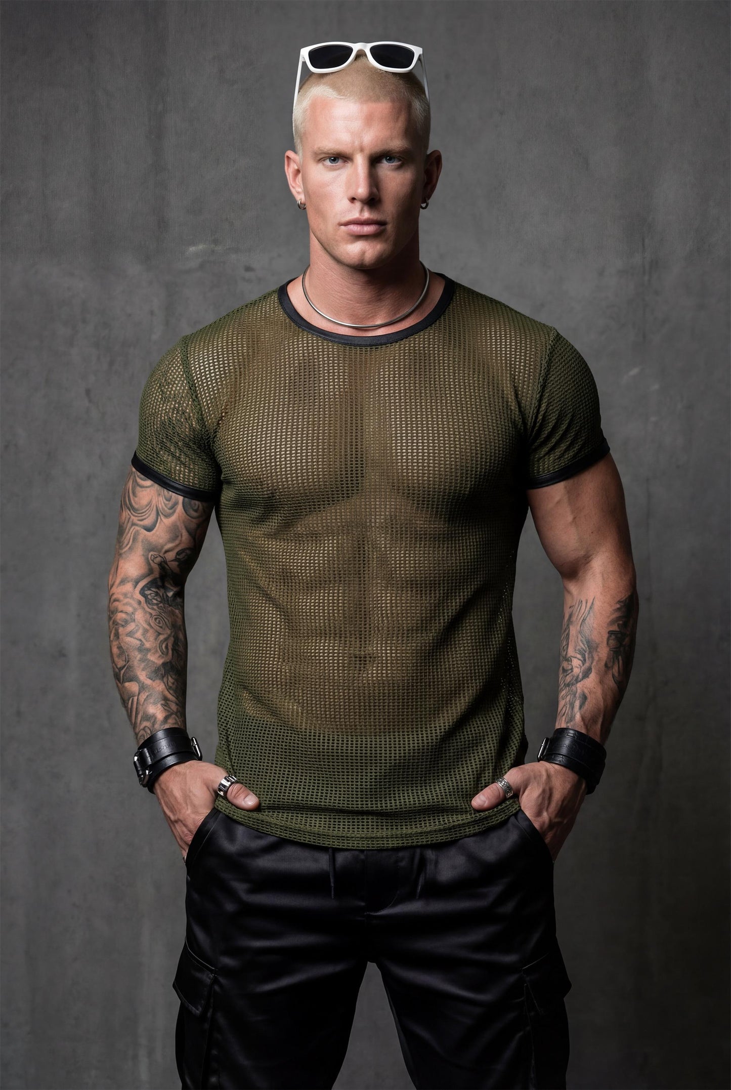 Men’s Green See-Through Mesh T-Shirt – Sheer Club & Festival Top – Athletic Fit