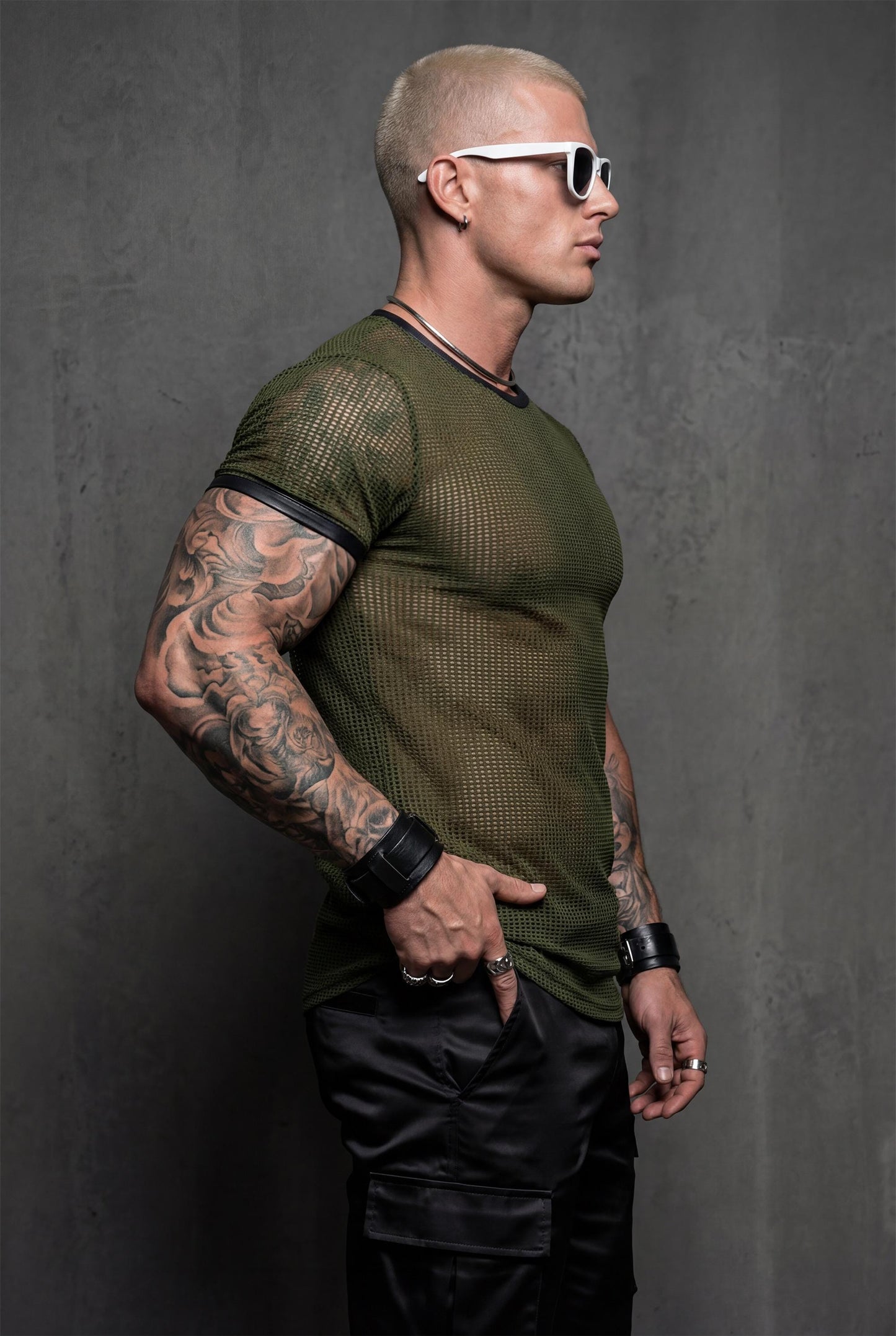 Mesh t-shirt men side angle with breathable fabric perfect for circuit party and pride style