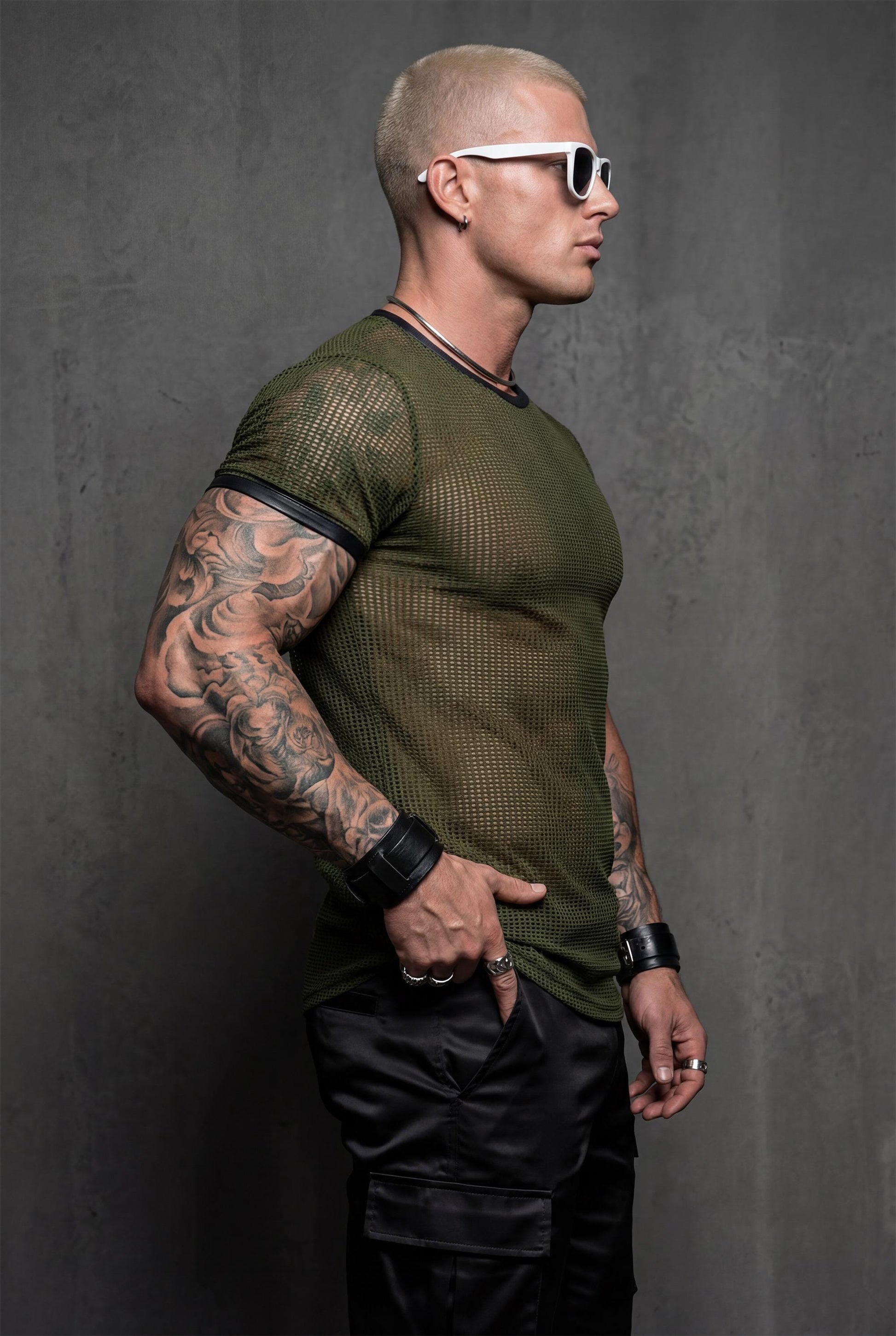 Mesh t-shirt men side angle with breathable fabric perfect for circuit party and pride style