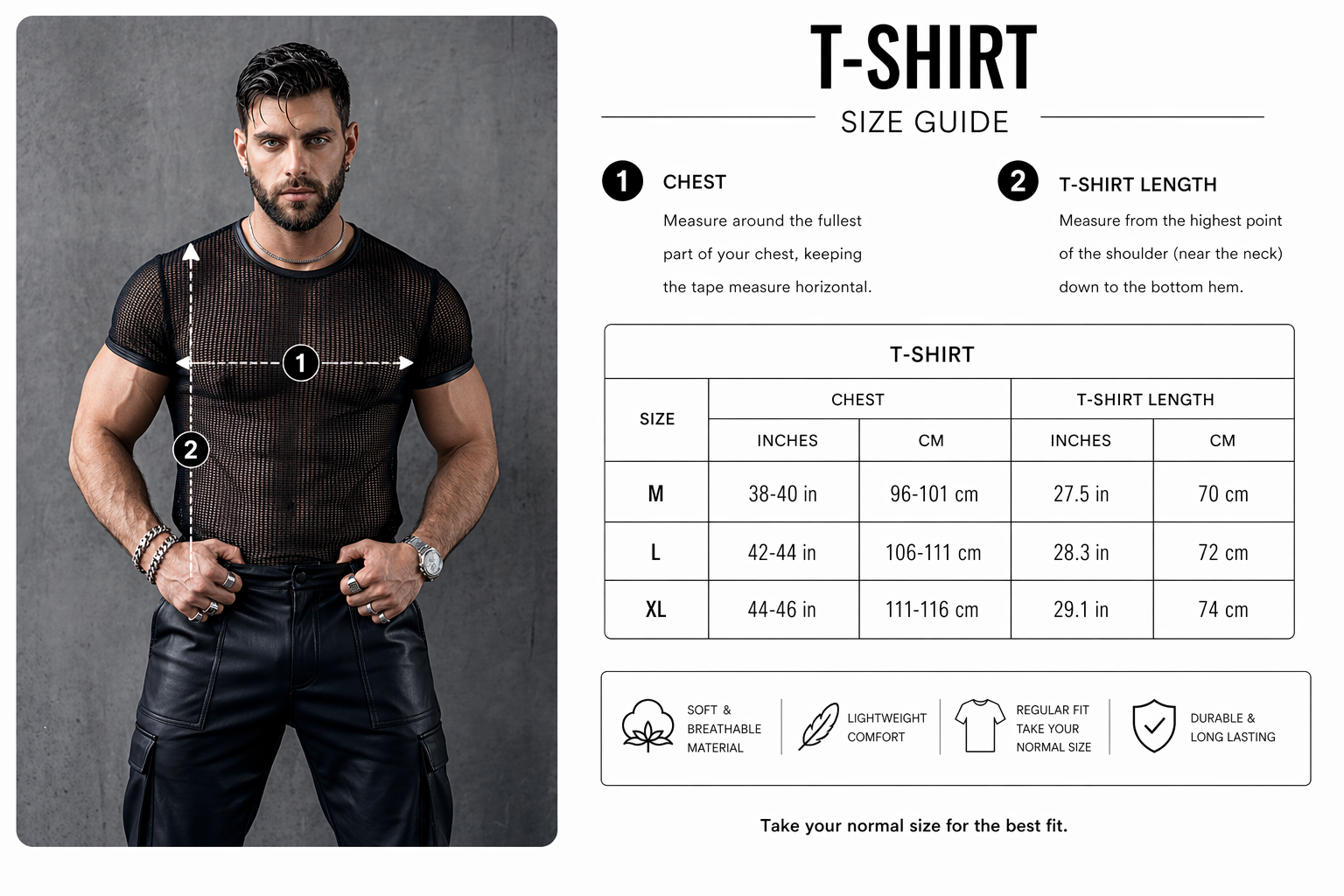 T-shirt size guide with a man wearing a black t-shirt and leather pants on a gray background.