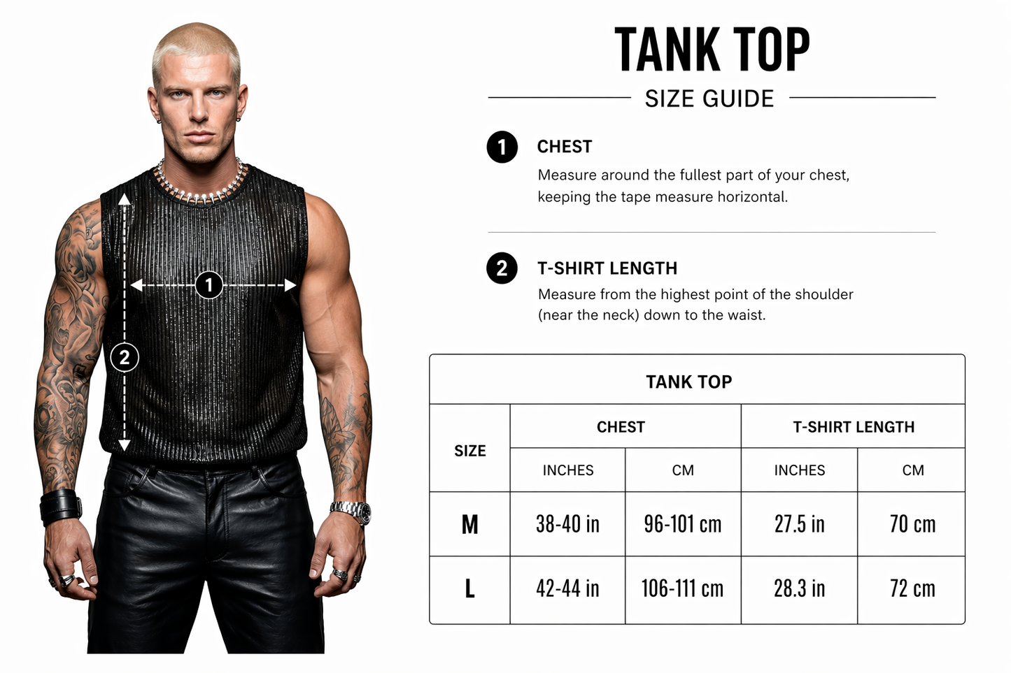 Tank top size guide with a model wearing a black tank top and leather pants.