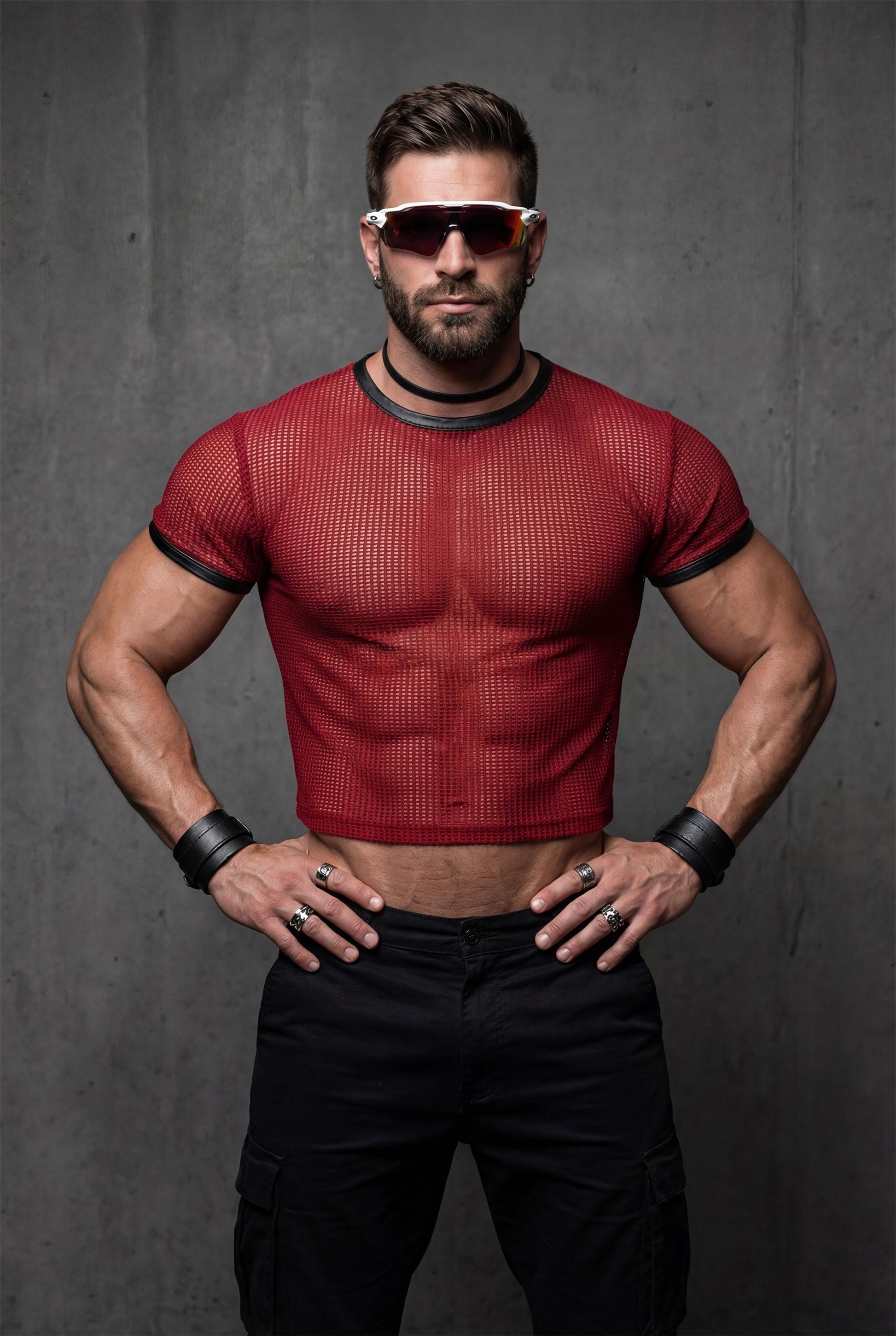 Red Mesh Crop Top Men | See-Through Festival Club Wear Athletic Shirt