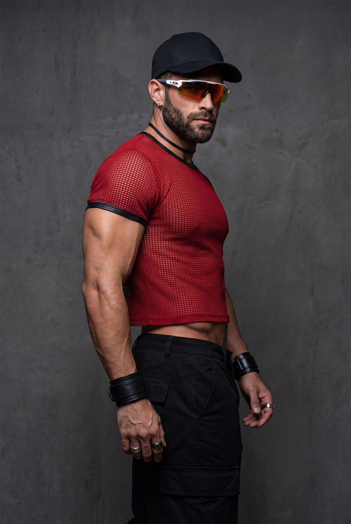 Red Mesh Crop Top Men | See-Through Festival Club Wear Athletic Shirt