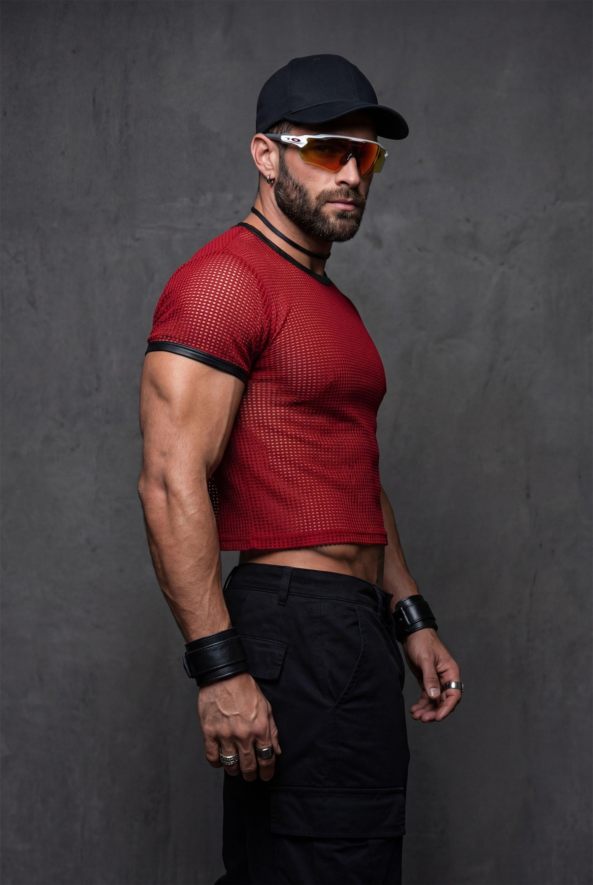 Red Mesh Crop Top Men | See-Through Festival Club Wear Athletic Shirt