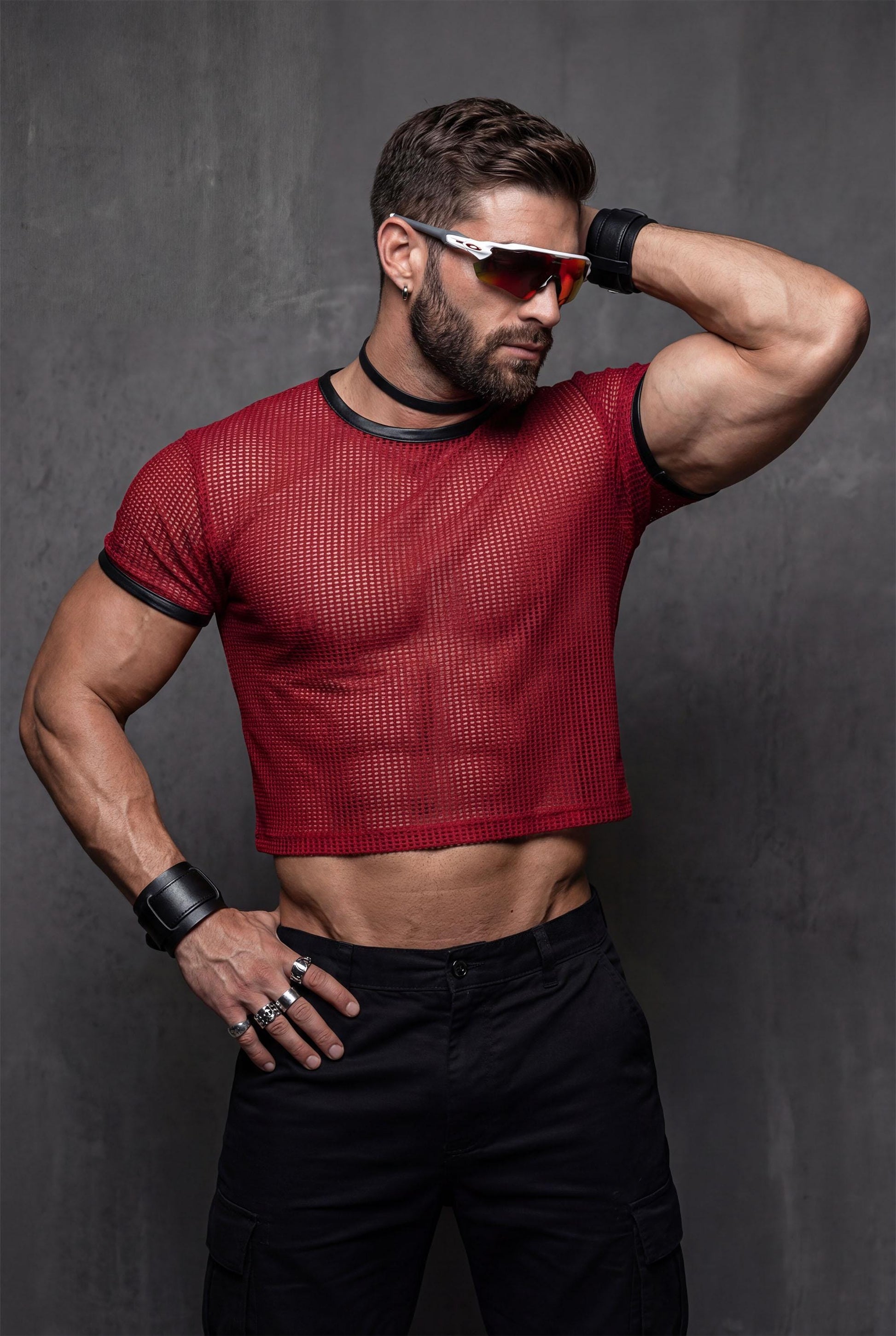 Red Mesh Crop Top Men | See-Through Festival Club Wear Athletic Shirt