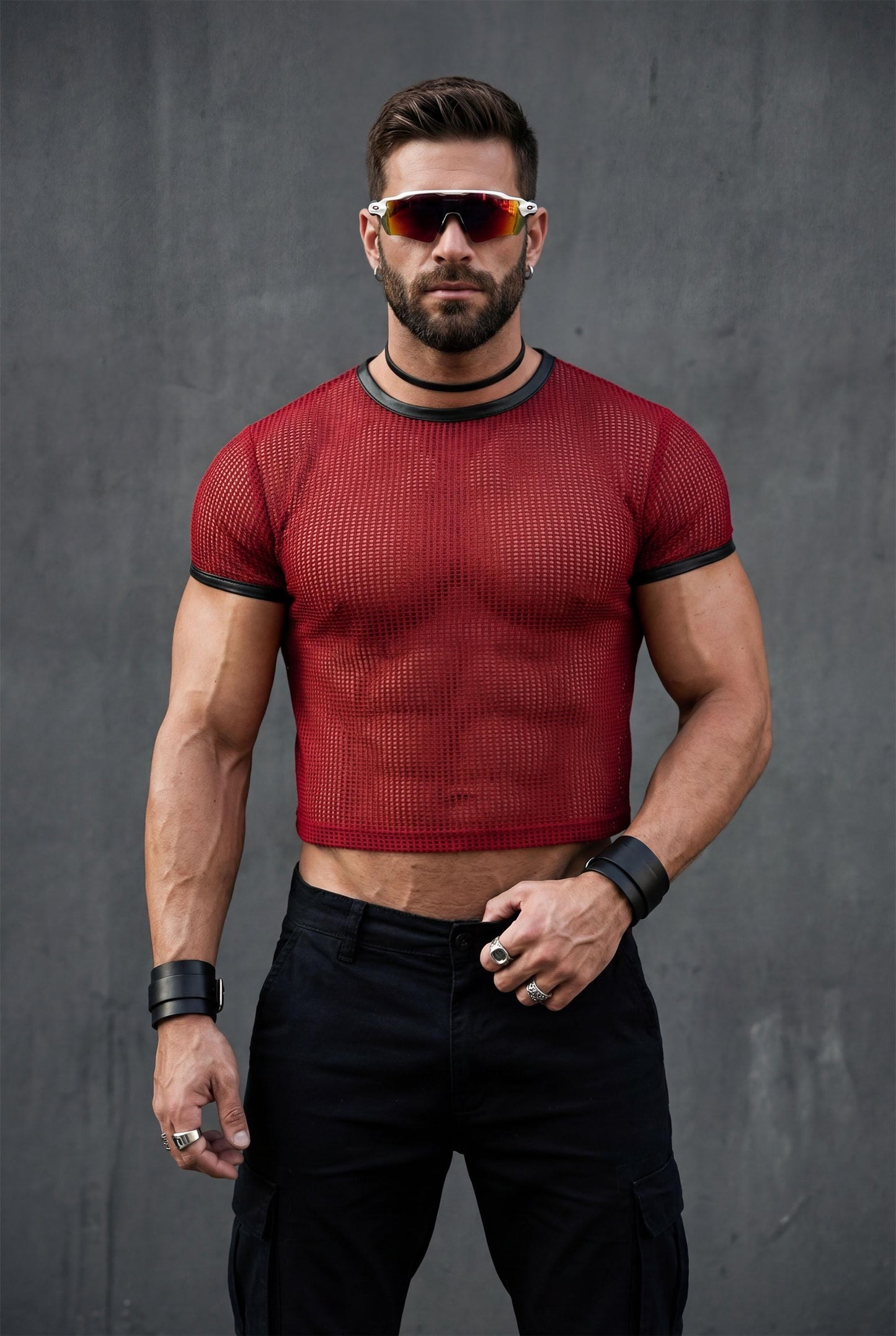 Red Mesh Crop Top Men | See-Through Festival Club Wear Athletic Shirt