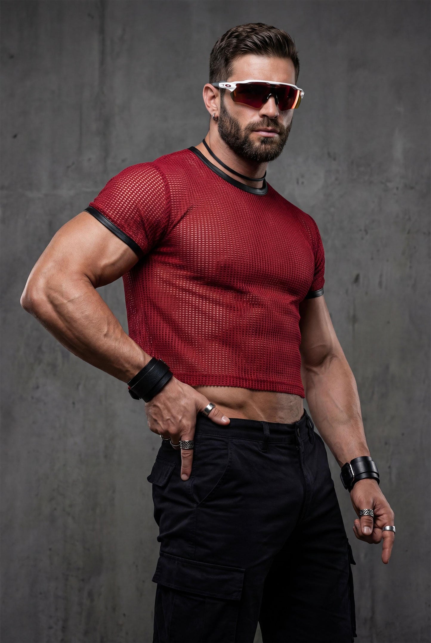 Red Mesh Crop Top Men | See-Through Festival Club Wear Athletic Shirt