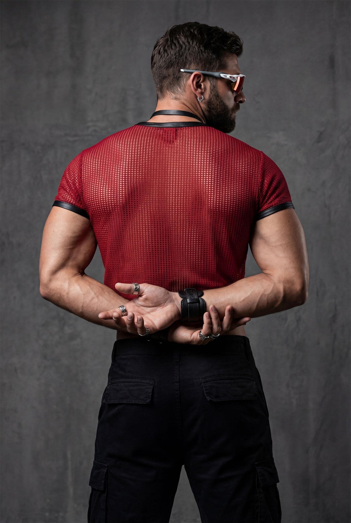 Red Mesh Crop Top Men | See-Through Festival Club Wear Athletic Shirt