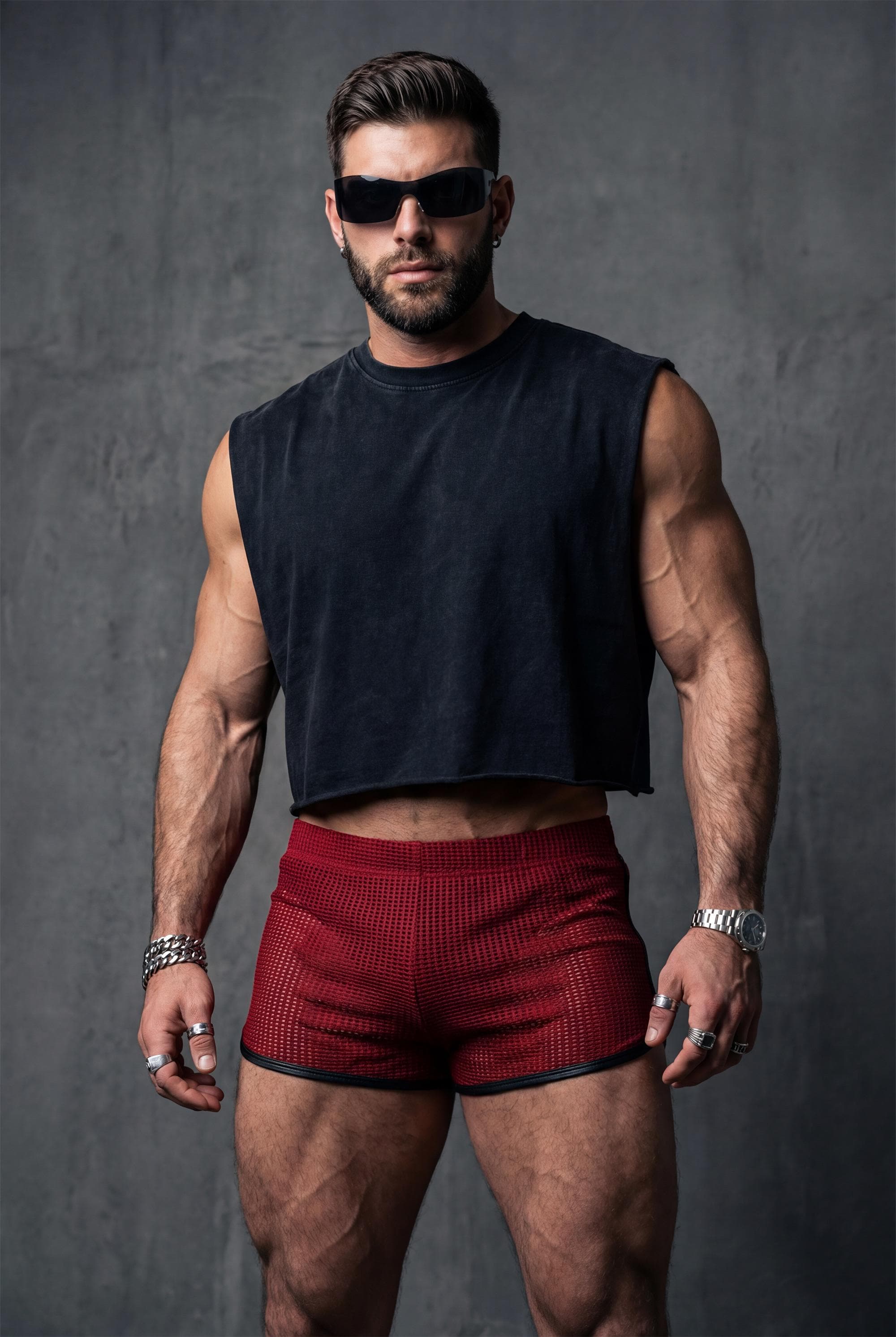 Red Mesh Shorts for Men - Red Rave Clubwear - See Through Festival Bottoms