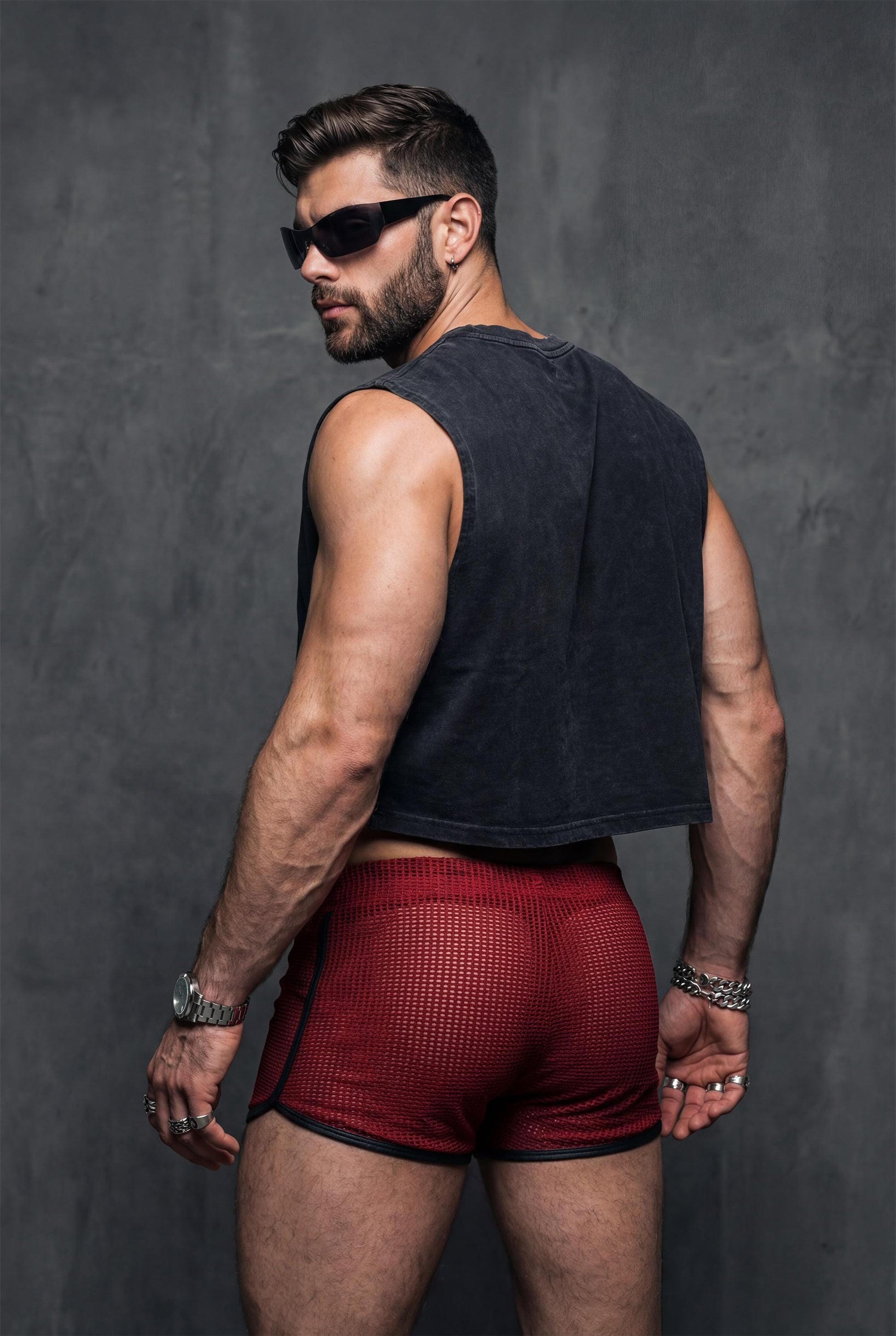 Red Mesh Shorts for Men - Red Rave Clubwear - See Through Festival Bottoms