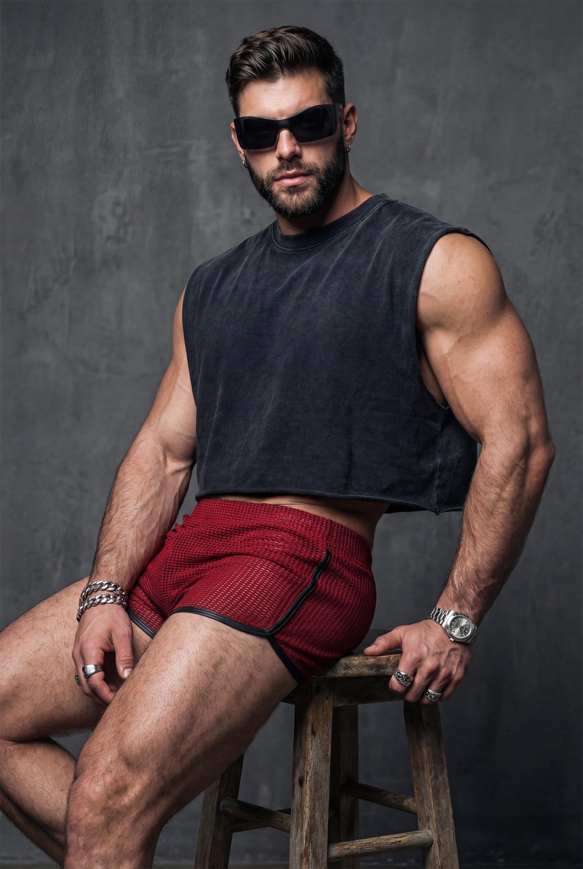 Red Mesh Shorts for Men - Red Rave Clubwear - See Through Festival Bottoms