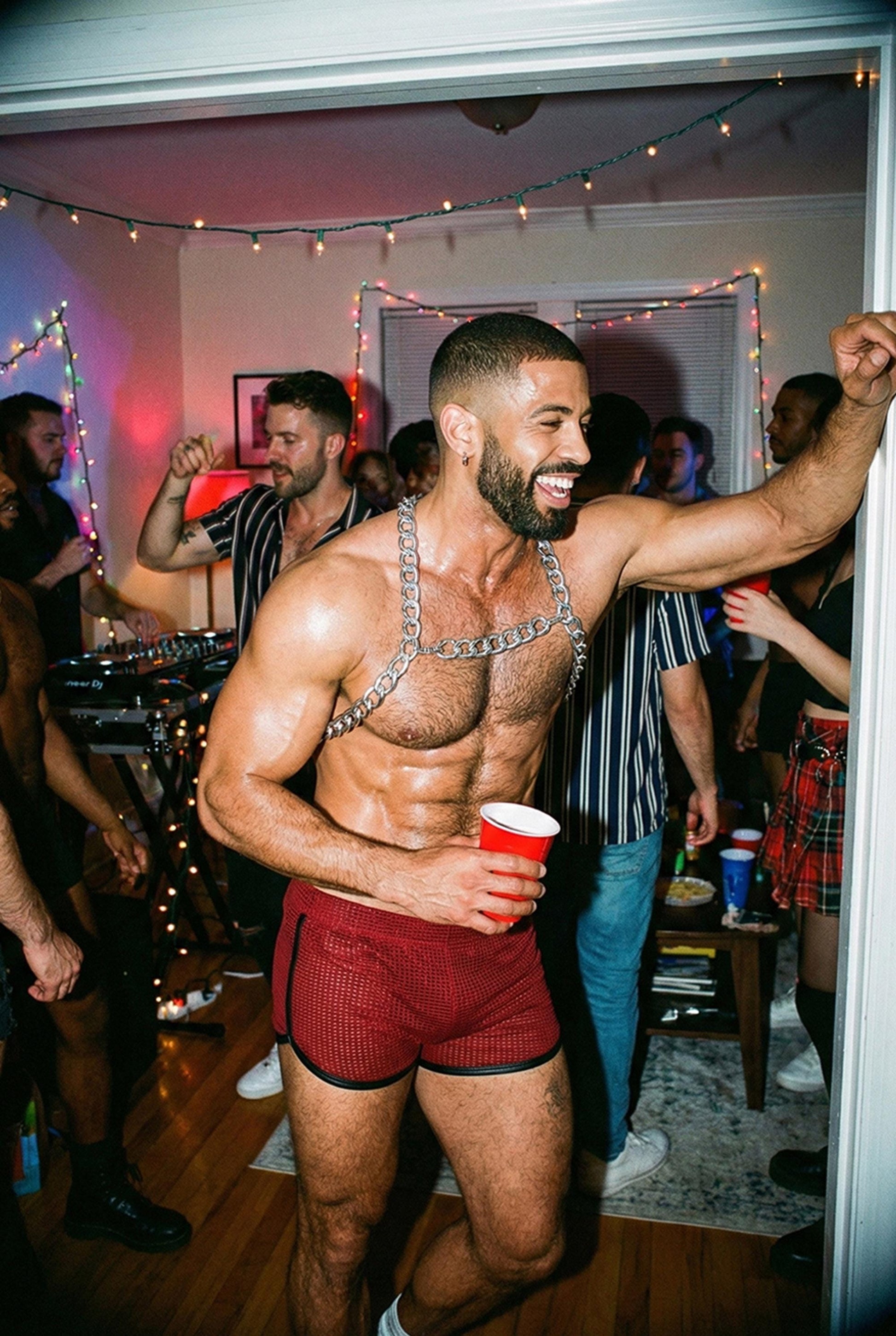 Muscular man wearing red PIEL men’s mesh shorts at a crowded house party. The see-through mesh shorts feature a fitted athletic cut with elastic waistband, highlighting the legs under party lighting. PIEL men’s party shorts designed for nightlife, home parties, and bold queer fashion looks. Confident masculine style, premium mesh shorts.