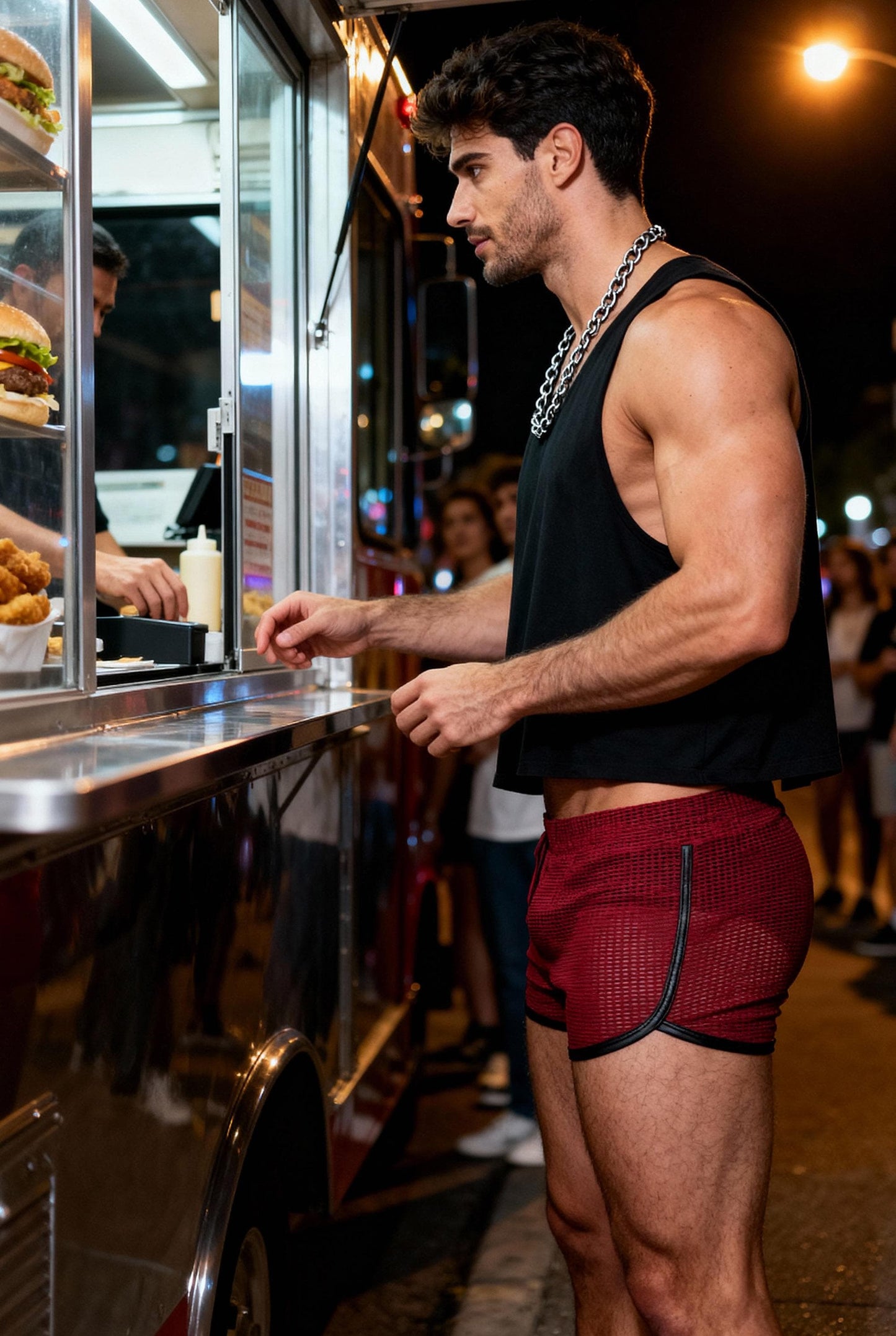 Muscular man wearing red PIEL men’s mesh shorts while standing at a street food truck at night. The see-through mesh shorts feature a fitted athletic cut with elastic waistband, highlighting the legs under city lighting. PIEL men’s party shorts designed for nightlife, urban outings, and bold queer fashion looks. Confident masculine style, premium mesh shorts.