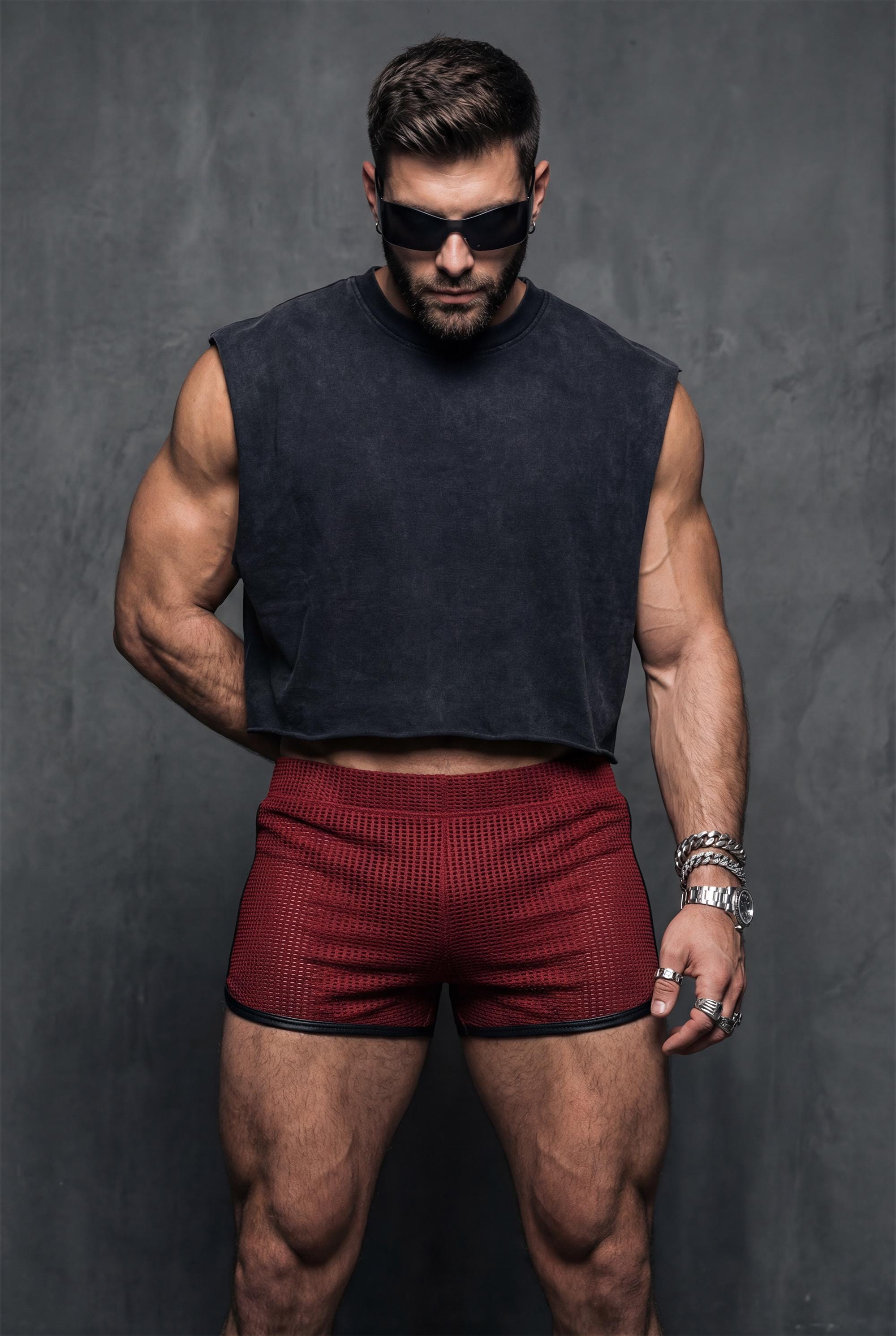 Red Mesh Shorts for Men - Red Rave Clubwear - See Through Festival Bottoms