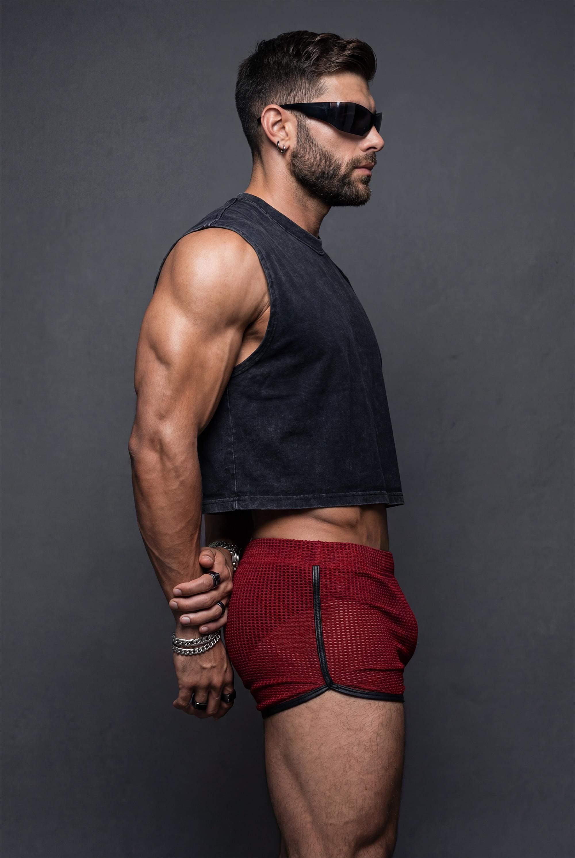 Red Mesh Shorts for Men - Red Rave Clubwear - See Through Festival Bottoms