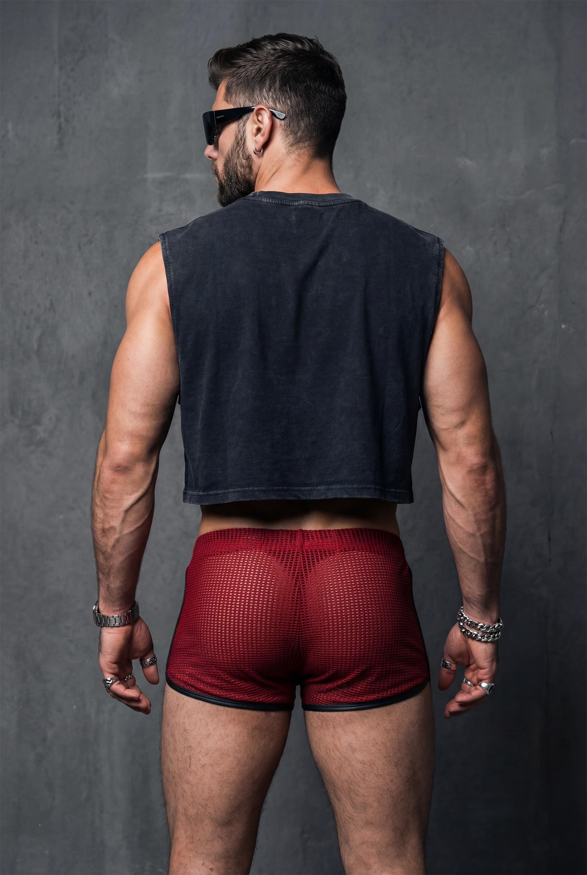 Red Mesh Shorts for Men - Red Rave Clubwear - See Through Festival Bottoms