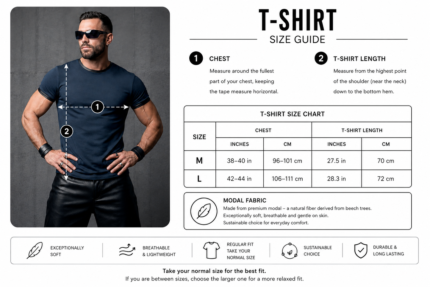 T-shirt size guide with a man wearing a black t-shirt and sunglasses, and measurement instructions.