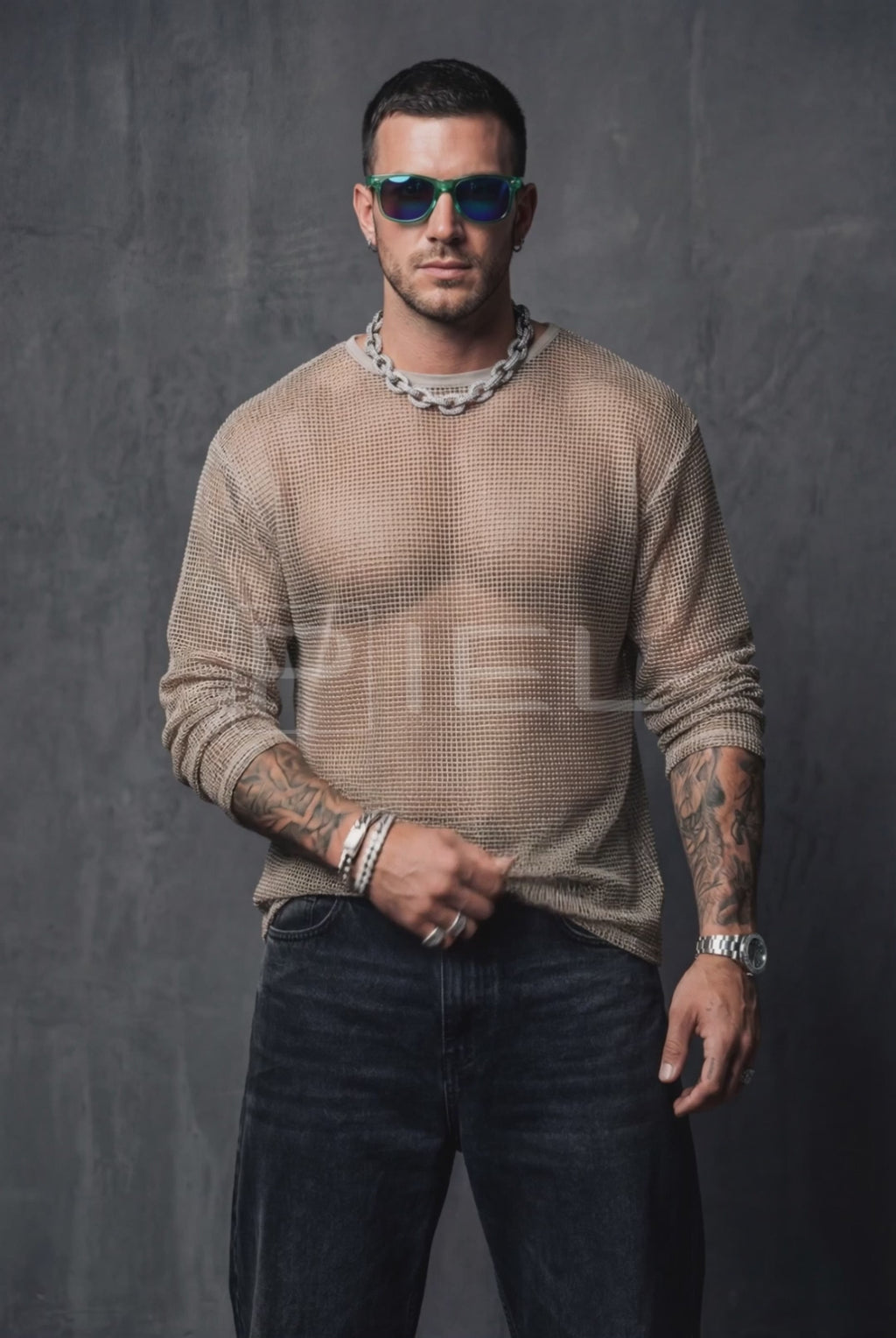 Sheer Mesh Long-Sleeve Top – Men's Oversized Festival & Streetwear