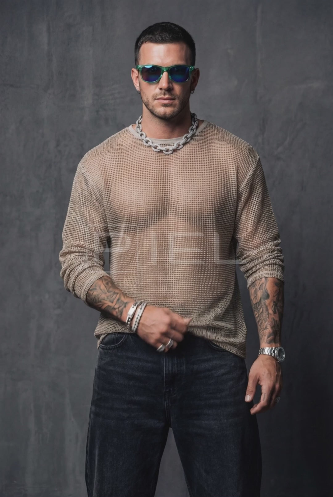 Sheer Mesh Long-Sleeve Top – Men's Oversized Festival & Streetwear