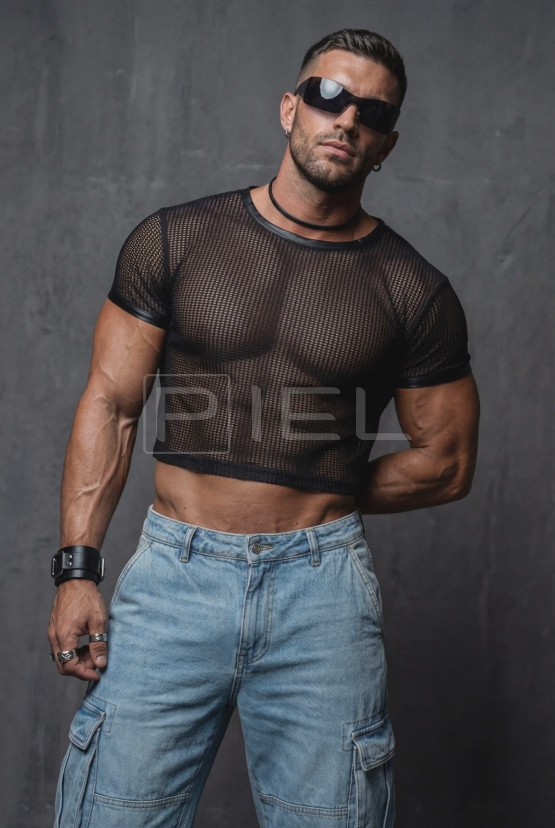Men's Black Mesh Crop Top – Lurex & Faux Leather Trim