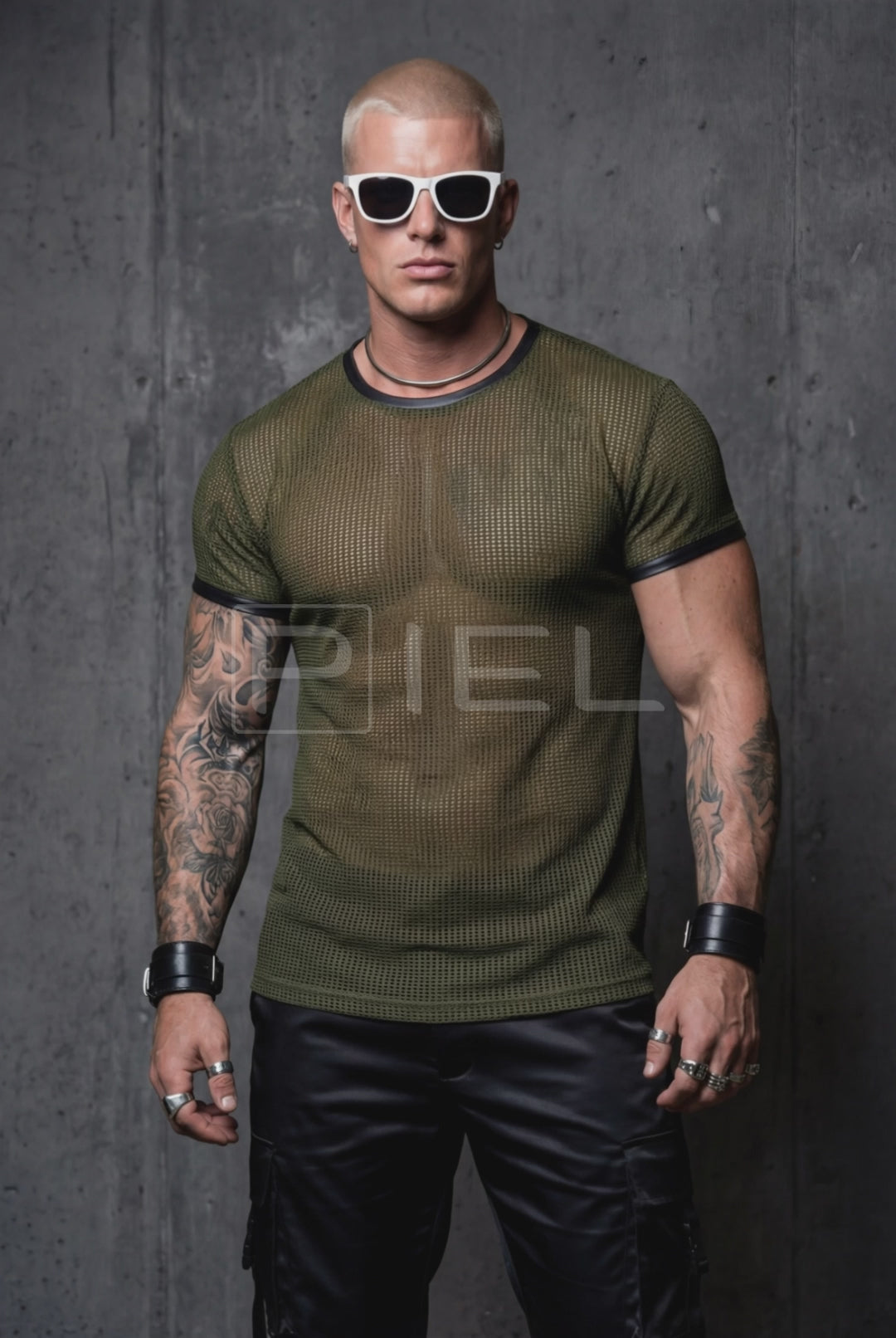 Sheer Mesh T-Shirt with Faux Leather Trim – Men's Festival & Club Wear