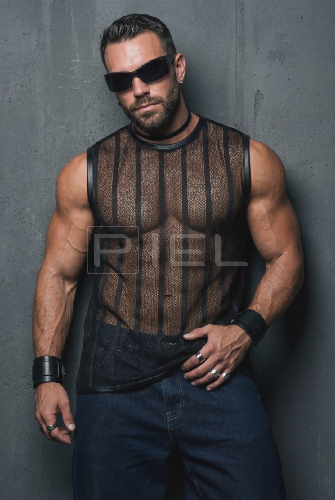Black Sheer Mesh Tank Top | Faux Leather Trim For Festival & Club